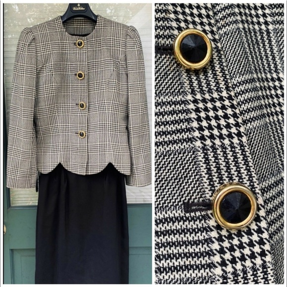 Vintage Albert Nipon 3 Pc Set Tailor Blazer Skirt Matching Shawl Houndstooth - Picture 2 of 12